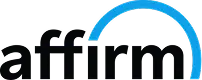 Affirm logo featuring the word affirm in black lowercase letters, with a blue arc starting above the i and ending above the m on a light background.