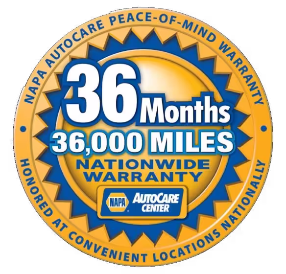 A circular badge for NAPA AutoCare advertises a 36-month, 36,000-mile nationwide warranty, honored at convenient locations, with the NAPA AutoCare Center logo at the bottom.